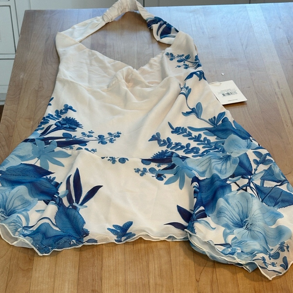 Peppermayo Floral Halter Mini Dress in Blue and Cream